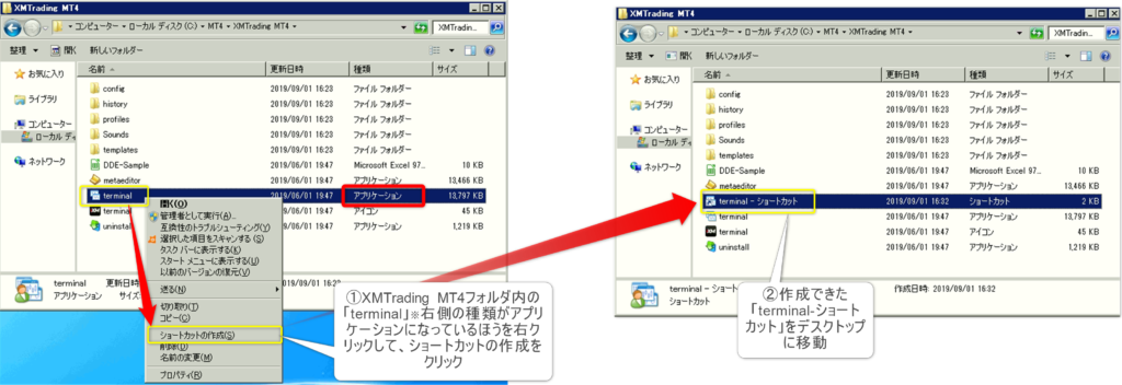 新しく複製したMT4の起動ファイルterminalのショートカットを作成してデスクトップに移動