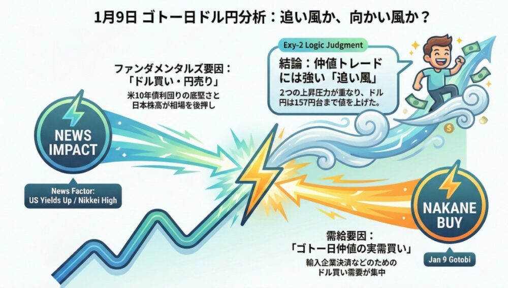 【1/9運用録】「ドル買い追い風」のAI分析に対し、Exy-2FX研究所が出した結論(+5.6pips)