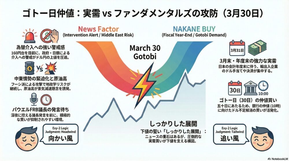 年度末の実需vs介入警戒。月曜特化の安全網とドテン売りで快勝。