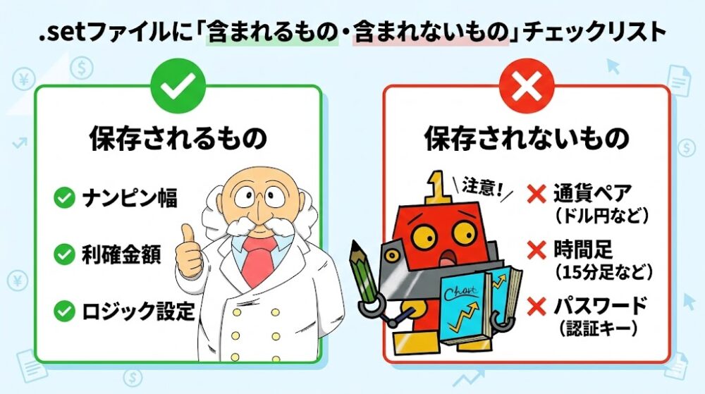 サイトのブランドイメージと異なる画像となってしまったので、以下の指示と添付ファイルの画像を活用して、再度図解を作成してください。 キャラクター: 添付された参考画像 hakase_nomal.png(渋い博士)とrobo1gou_nomal.png(可愛いロボ)を完全に再現し、利用する。 デザインスタイル: 添付画像のキャラクターをそのまま活かしつつ、ブログ用の清潔感のある、明るいインフォグラフィック(横長16:9)として構成する。 提案②:.setファイルに「含まれるもの・含まれないもの」チェックリスト 目的: .setファイル読み込み後の手動確認(落とし穴)を強調。 挿入ポイント: 第4章 <h2>.setファイルを使う際の注意点【ここが落とし穴】</h2> の直後。 設計書: 2つのリストを対比させた清潔感のあるイラスト。 左側(緑のチェック): タイトル「保存されるもの」。添付の博士(image_4d82b4.png)がサムズアップ。「ナンピン幅、利確金額、ロジック設定」のリスト。 右側(赤のバツ): タイトル「保存されないもの」。添付のロボ(image_e3d30b.png)が驚いた顔(危険・注意)で指差す。「通貨ペア(ドル円など)、時間足(15分足など)、パスワード(認証キー)」のリスト。全体: 緑(安心)と赤(注意)のコントラストを効かせた、明るくポップなデザイン。日本語テキストを含める。