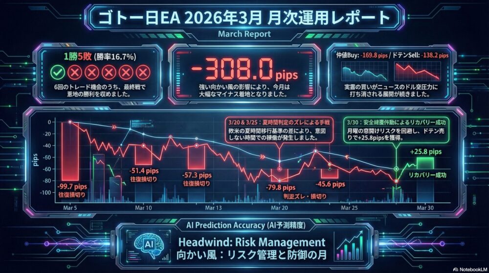 2026年3月のゴトー日トレードは、AIが再三にわたり「向かい風」を警告した通り