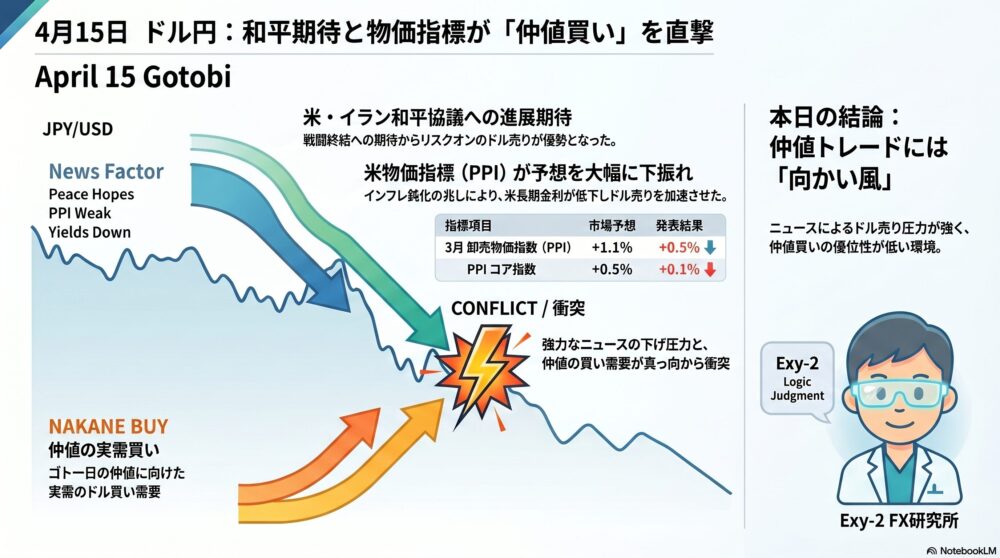 和平期待とPPI下振れの「向かい風」。仲値買い利確とドテン微損撤退。