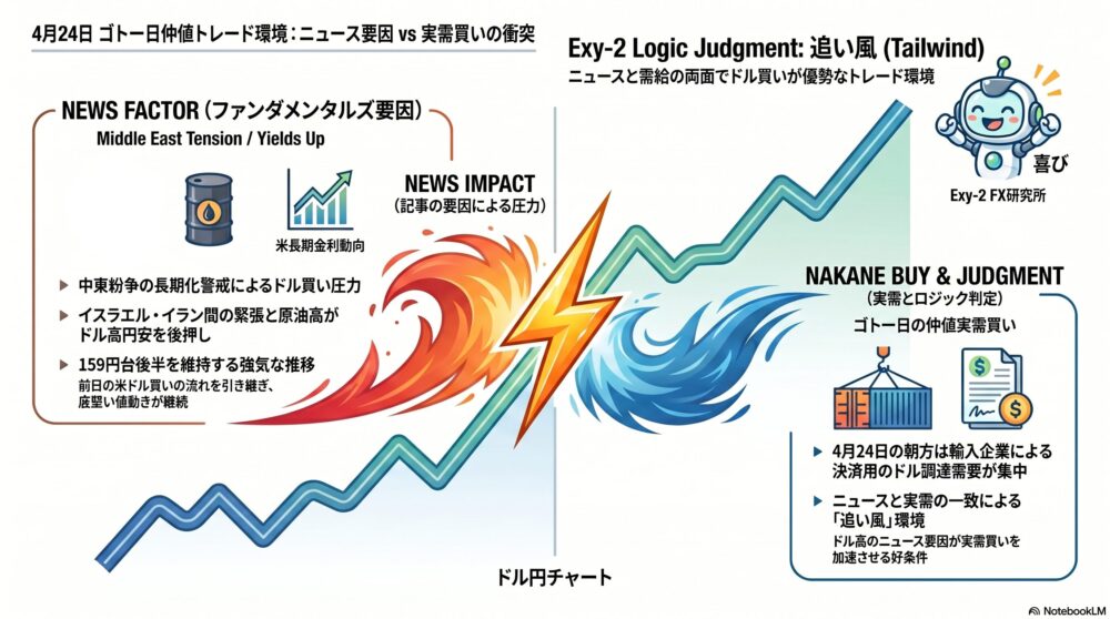 【4/24ゴトー日】中東懸念の追い風！仲値ロング大勝と微損撤退